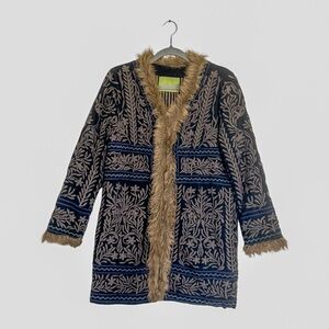 Bohemian Embroidered Coat with Faux Fur Trim